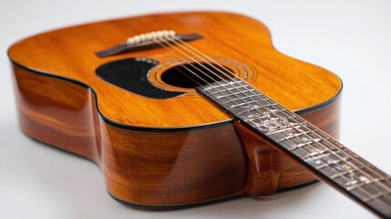Obraz premium The beautifully crafted acoustic guitar showcasing exquisite wood details and design.