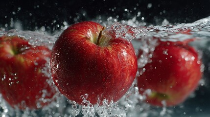 The freshly red apples in water with a splash of water isolated on dark background