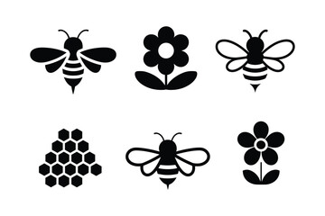 Black bee and flower silhouettes with honeycomb pattern insect nature