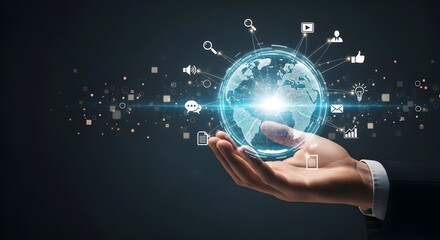 Businessman holding global network connections. World planet communication concept with man's hand. Digital business data and social information for internet.