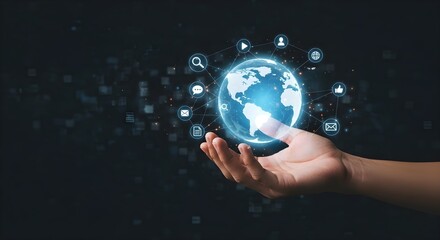Man holding glowing globe with network icons. Global communication and social media. Connect the world concept. Digital technology for worldwide connection.