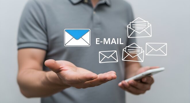 Man holding a smartphone with floating email icons and E-mail text. Digital communication technology for business and personal messaging.