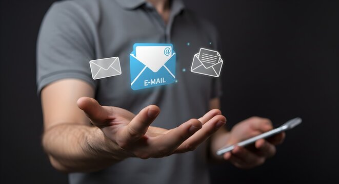 Man holding a smartphone and displaying a hologram of an email icon. Digital communication and online message concept for business.