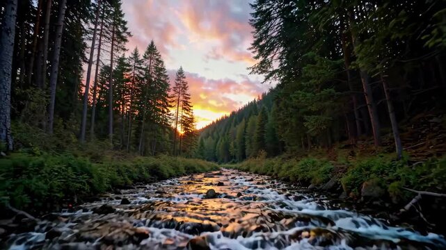 arafed view of a river running through a forest at sunset