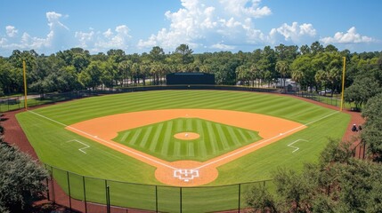 High-angle view of a baseball field surrounded by lush greenery.  A vibrant orange field, manicured green grass, and a bright blue sky