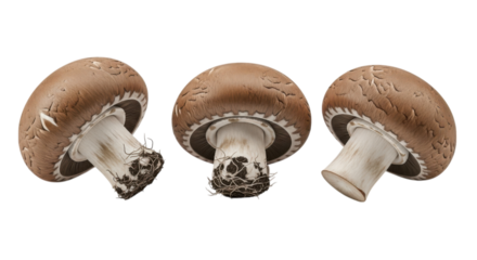 Fresh brown mushrooms are beautifully displayed in a row against a clean transparent background offering a natural food illustration.