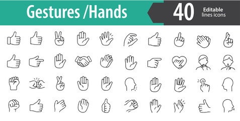 Gestures and Hands Line Icons, Handshake, Thumbs Up, Tap, Swipe, Finger Point, Editable Formats: AI, EPS, PNG, Ideal for Both UI and Print Media Use
