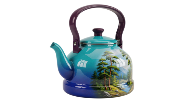 Teal enamel teapot with landscape painting, perfect for tea time and kitchen decor with nature inspired design, transparent background