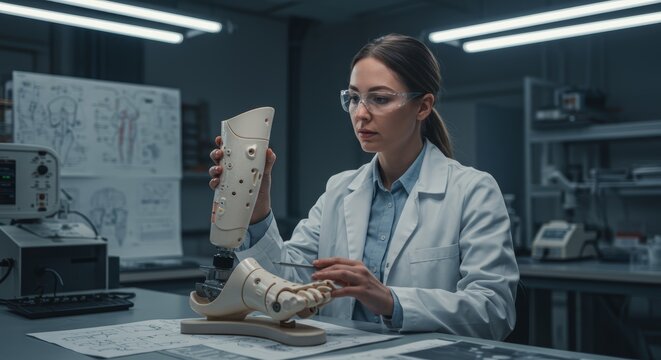 Female Scientist Examining a Prosthetic Leg in a Laboratory