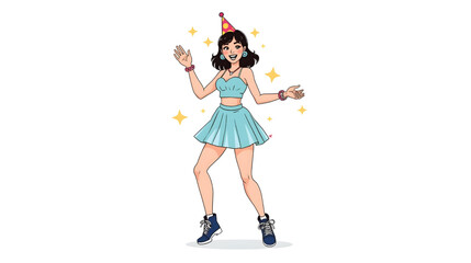 Animated illustration of a cheerful young woman in a party outfit, smiling and raising her hands in celebration.