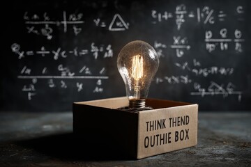 Glowing Edison bulb in a cardboard box inscribed "Think Outside the Box," set against a chalkboard filled with mathematical equations