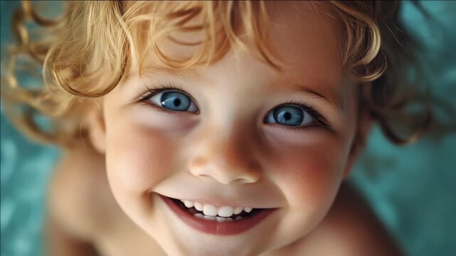Adorable toddler smiling at the camera with blue eyes, likely enjoying a summer day at the beach.