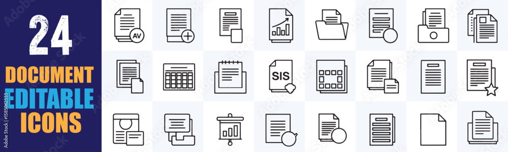 Aufkleber digital document and file management line icons for web and app interfaces, including various busine