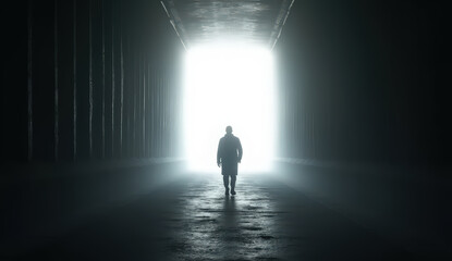  Silhouette of a person walking confidently into a blinding light at the end of a dark tunnel. Long shadows, dramatic contrast, feeling of moving forward through adversity, facing the unknown with cou