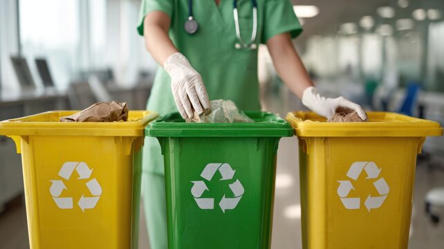 healthcare hospital sustainability. Healthcare worker sorting recyclable waste into color-coded bins.