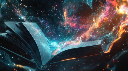Open book, swirling cosmic energy, vibrant colours