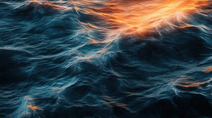 Ocean waves, sunset reflections.  Dark blues and oranges