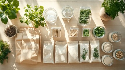 Organized herbs and spices in reusable containers, with kraft paper bags. Sunlight streams across a light wooden surface