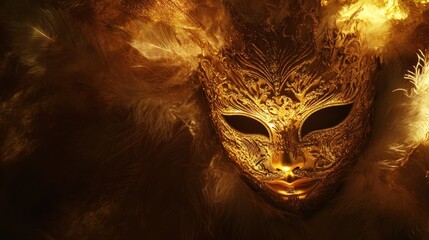 Ornate gold Venetian mask, feathered
