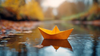 Autumnal Serenity: Golden Origami Boat Floating on a Calm Forest Stream, Reflecting Nature's Tranquility.
