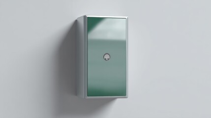 A sleek, modern green box with a silver frame and a circular logo is mounted on a wall, showcasing contemporary design and minimalist aesthetics for various applications.