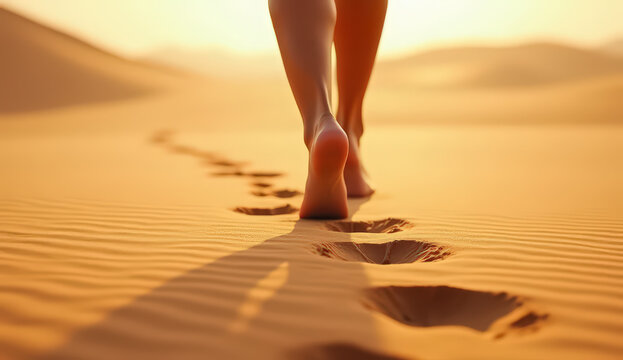 Bare feet walking across hot sand in a desert, leaving strong footprints behind. Camera low to the ground, footsteps trailing into distance, heat shimmer visible. Symbol of persistence and forward mov
