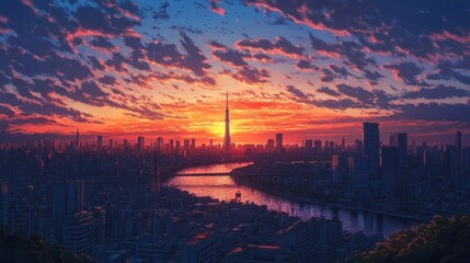 Panoramic cityscape at sunset, with vibrant clouds and a tall tower silhouetted against the fiery sky.  A river winds through the urban landscape