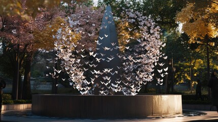 Paper butterflies surround a modern fountain in a park.  Cherry blossoms