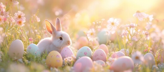 Pastel Easter scene with a baby bunny and eggs in a meadow