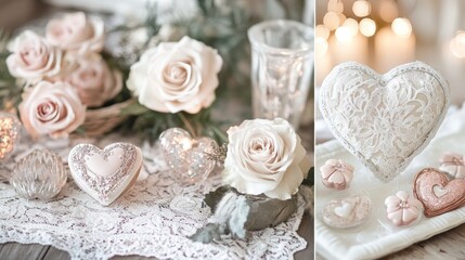 Pastel heart-themed d?cor, roses, cookies, and lace