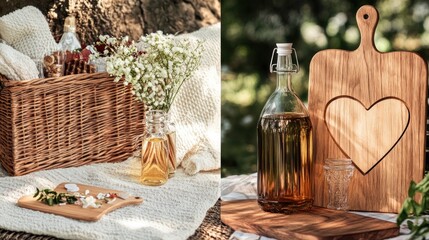Picnic basket and wooden cutting board, outdoors.  A woven basket filled with picnic items sits beside a white blanket. A wooden cutting board with a heart cutout is on a table