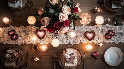 Romantic dinner table setting with candles, roses, and heart-shaped decor