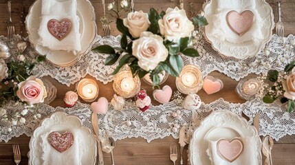 Romantic, elegant table setting with heart-shaped decor.  Lace, candles, flowers, and cookies.  Soft pastel colors
