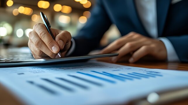 Business finance and investment background, financial data analysis concept: Businessman using digital tablet analyzing sales data, economic graph growth chart and currency exchange.