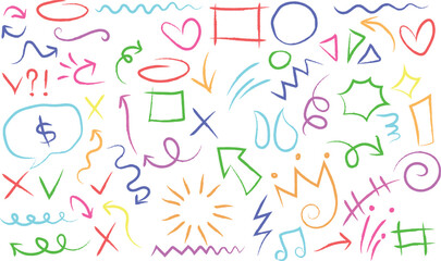 Line hand drawn brush marker cartoony expression element set. Hand drawn sketch design underline shape, arrow, star scribble brush pen stroke element. Crown, love graphic icon. Vector illustration