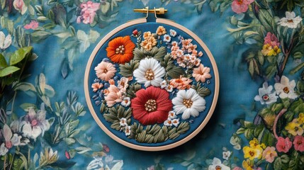 Floral Embroidery Hoop Art on Matching Fabric, Detailed Needlework Design
