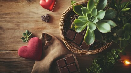 Romantic wooden table, adorned with chocolates, succulents, and a heart