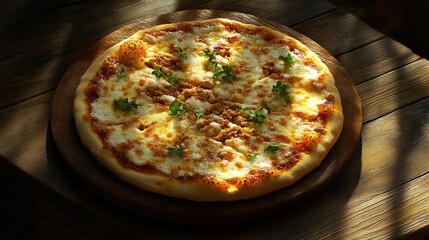 Round pizza with mozzarella, tomato sauce, and herbs on a wooden board, set on a wooden table