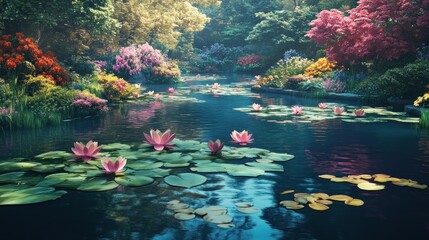 Serene garden pond, vibrant flowers, and lush foliage