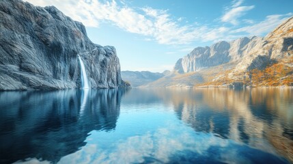 Serene lake, reflecting mountains and waterfall in autumn