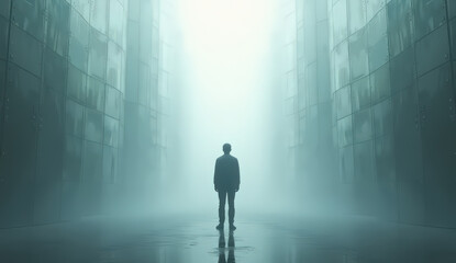 Fototapeta premium A lone person faces a wall of mirrors in a misty void. Each reflection shows a different version of themselves, representing identity, choice, and future paths.