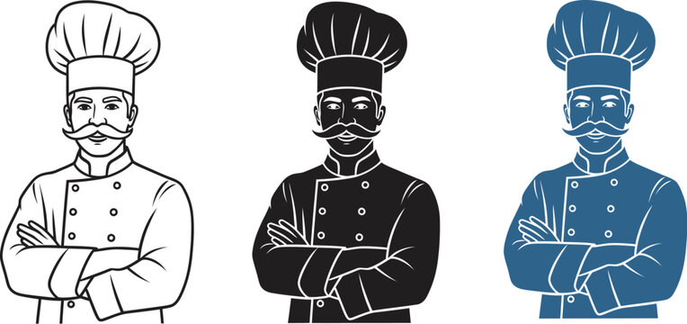 Distinguished chef illustration portrays expertise in culinary arts, with a retro flair and varied color styles, ideal for restaurant designs.