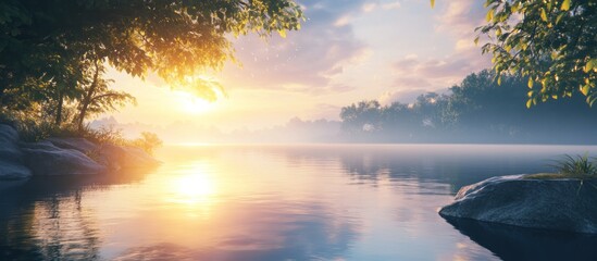 Serene sunrise over a misty river. Lush trees frame the tranquil scene as the sun rises, casting golden light on the water
