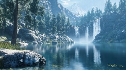 Serene mountain lake with cascading waterfall. Lush forest flanks the tranquil water
