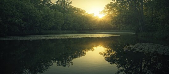 Serene sunrise over a still pond, surrounded by lush greenery