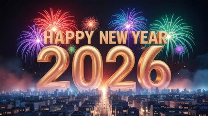 Happy New Year 2026 Text with Fireworks Celebration with Glowing