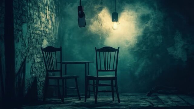 Two wooden chairs and a table in a dimly lit, misty room