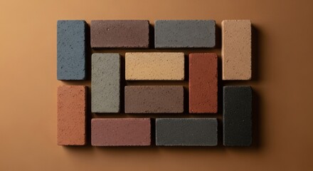 Elevated view showcases an array of colorful bricks arranged in a rectangular pattern, highlighting textures and tones ideal for construction, design, or architectural projects.