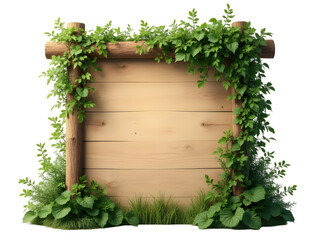 Large Natural Light Brown Wooden Signboard Framed by Lush Green Vines and Foliage on Wooden Posts isolated on a transparent background