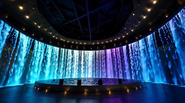 arafed image of a large waterfall with a circular table in front of it